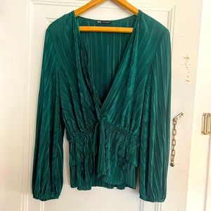 Zara emerald green plisse wrap top
